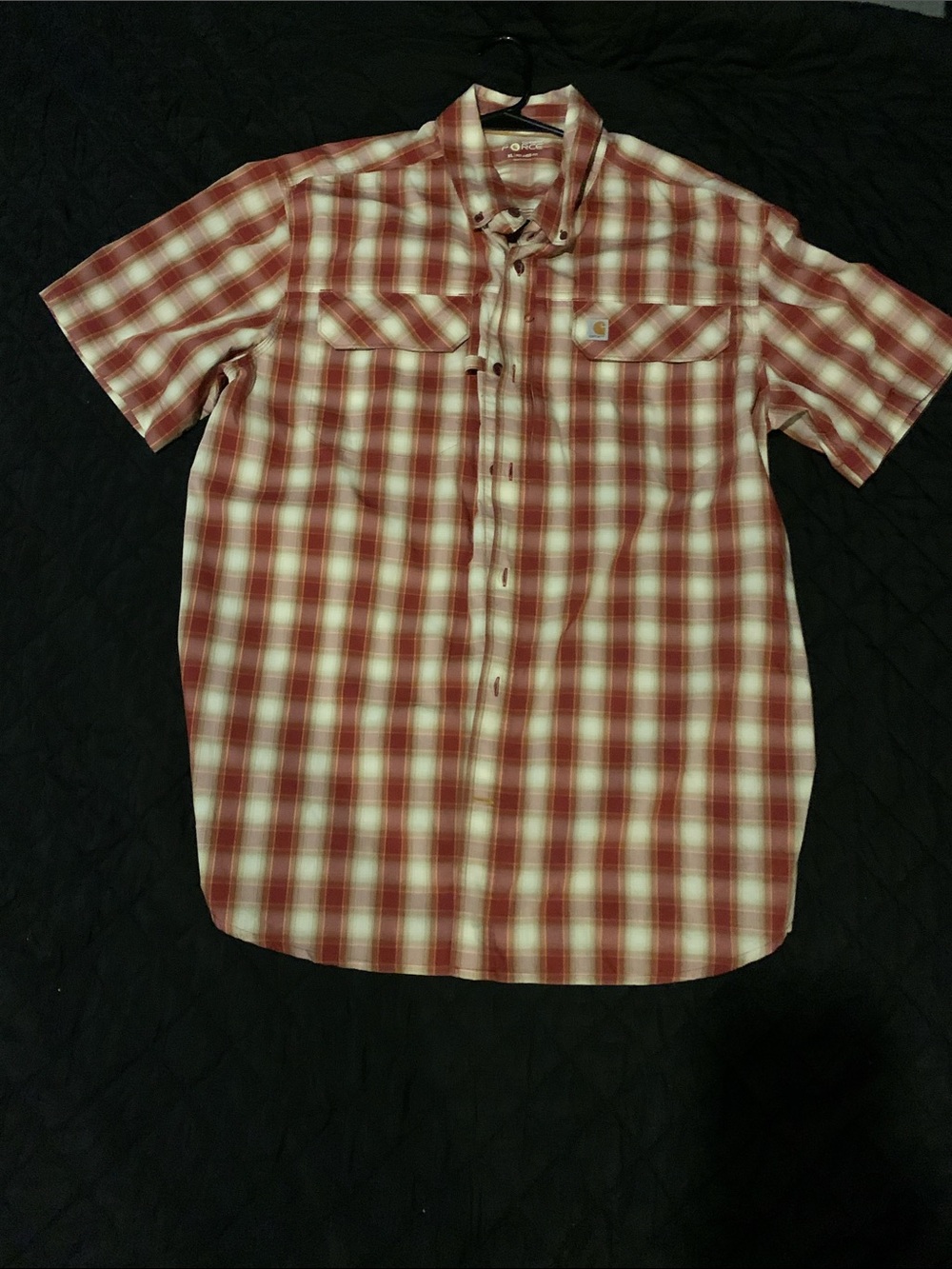 Carhartt Men's Short-Sleeve Red and Cream Plaid Button-Down Shirt